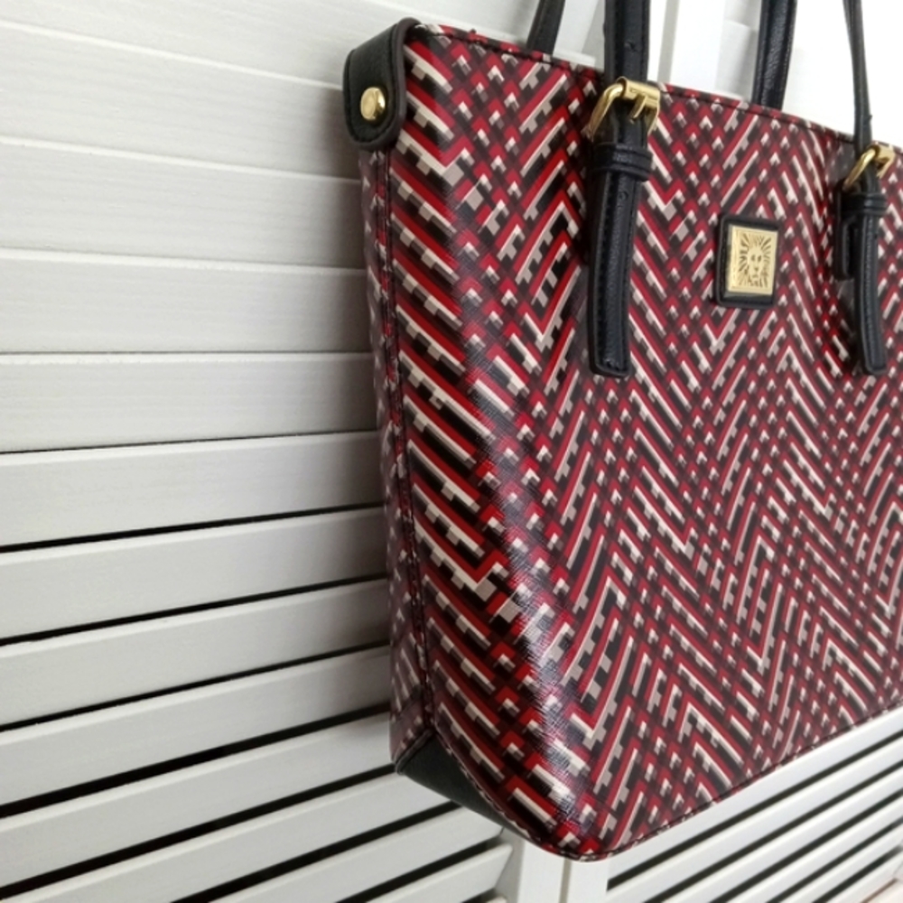 ANNE KLEIN Faux Leather Red Black White Lattice Pattern Tote Shoulderbag - Picture 8 of 14